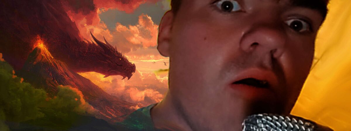 Geschulter Synchronsprecher synchronisiert mit Leidenschaft ein schauriges Hörbuch. Fachmann spricht in ein silbernes Mikro. Die Augen weit aufgerissen, Gesichtsausdruck erschrocken und gespannt. Im Hintergrund ist ein mächtiger Drache im Himmel zu sehen.